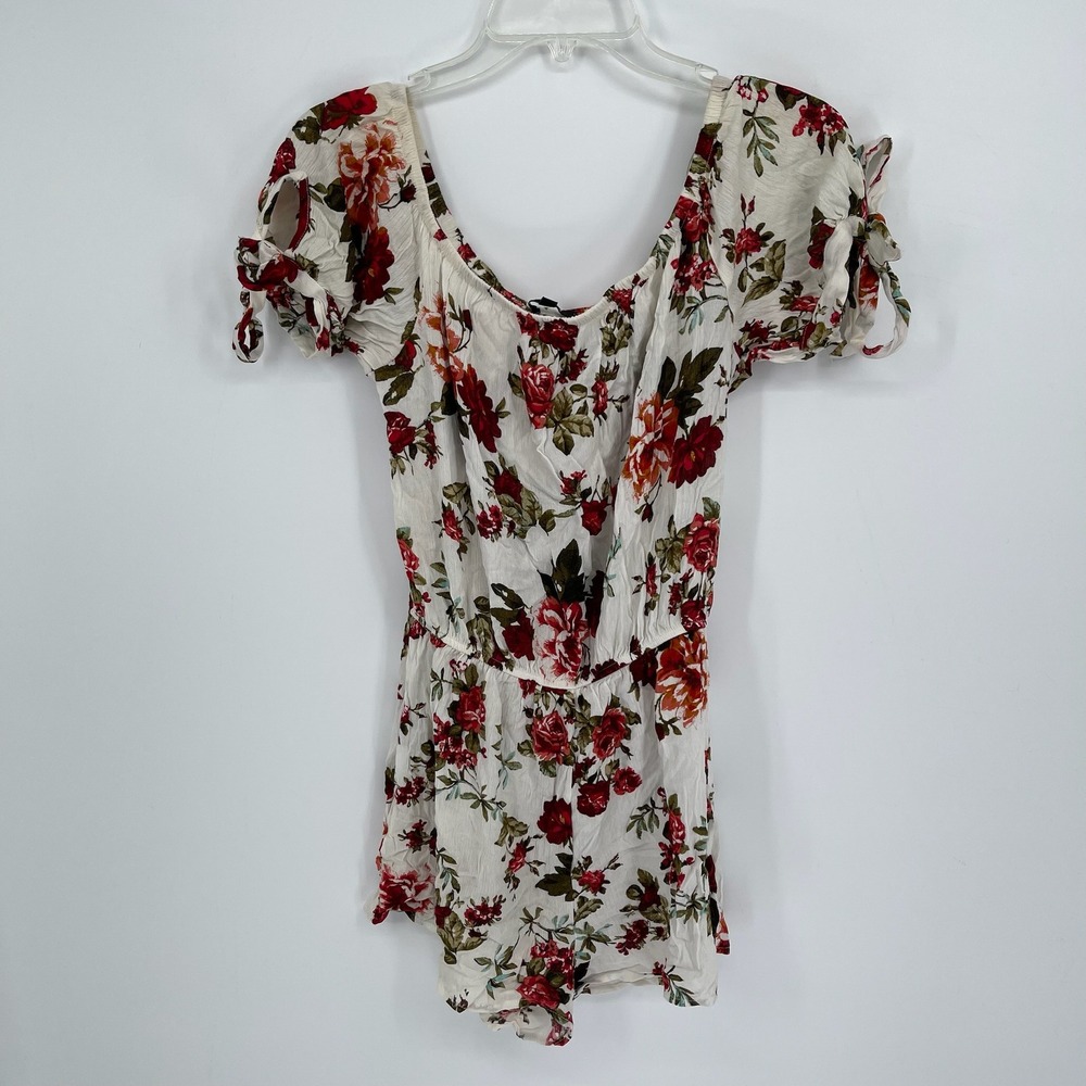 Ambiance Women's White Floral Tie Sleeve Romper Size Large